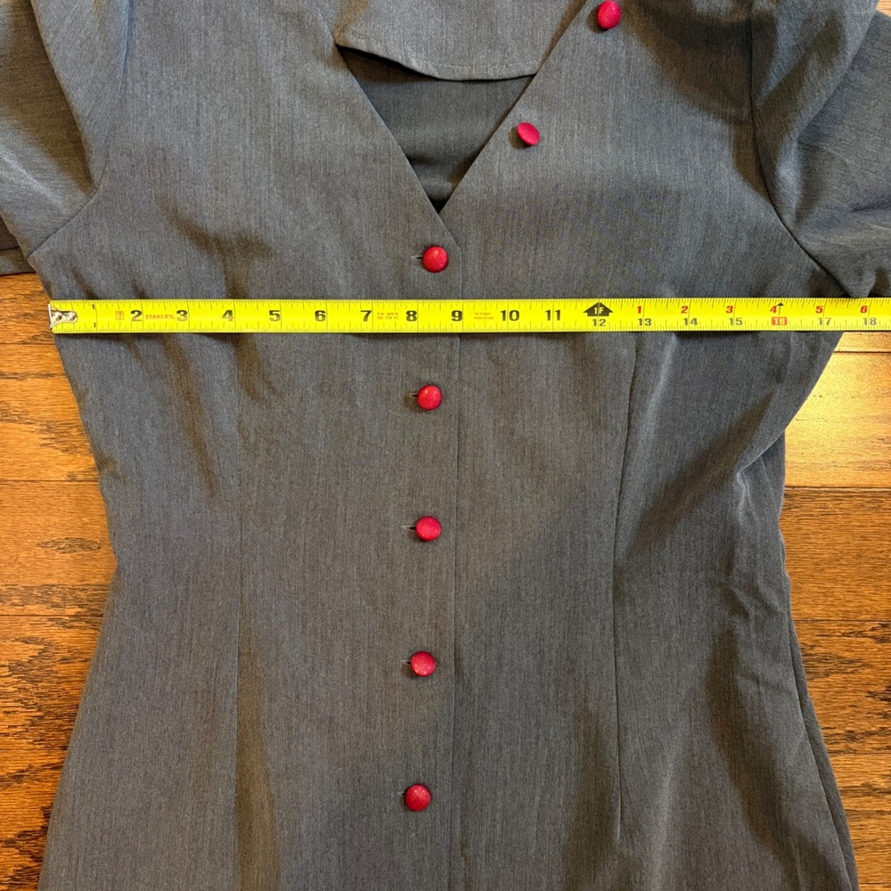 Vintage 40s Rockabilly Style Gray Sheath Dress Red Buttons Pleated Midi Large - Picture 7 of 13